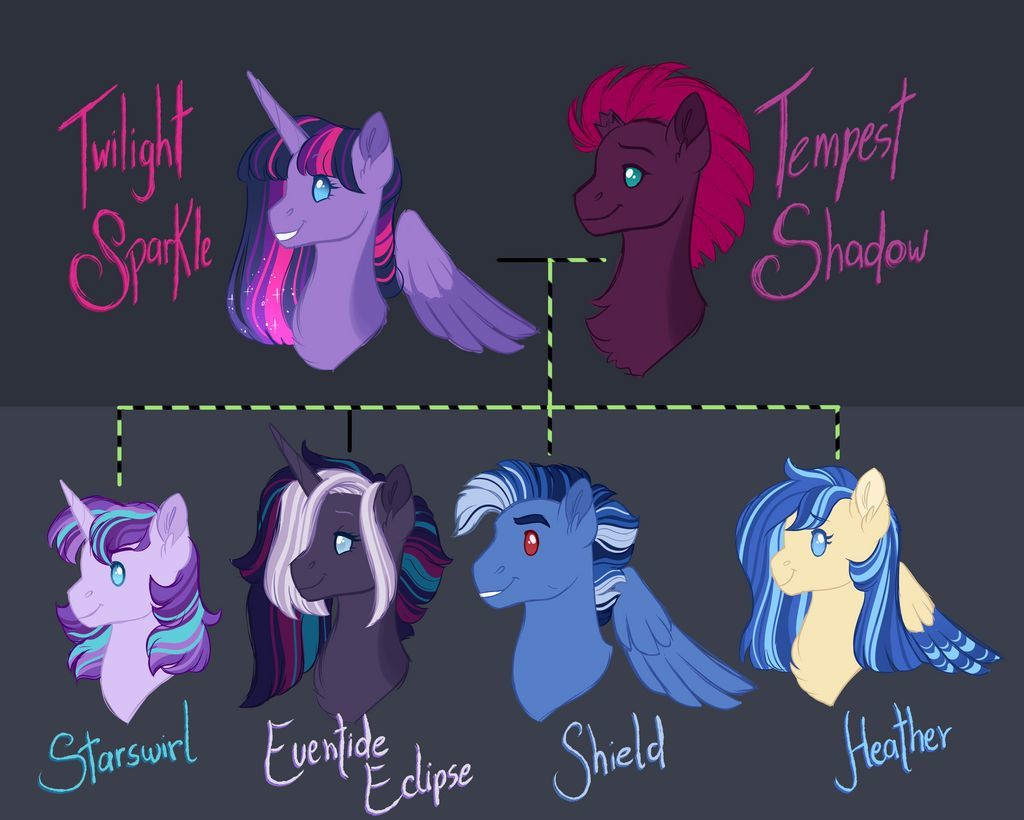 2250289 - safe, artist:azure-art-wave, tempest shadow, twilight sparkle,  oc, oc:eventide eclipse, oc:heather, oc:shield, oc:starswirl, alicorn,  pegasus, pony, unicorn, female, lesbian, magical lesbian spawn, mare,  offspring, parent:flash sentry, parent ...