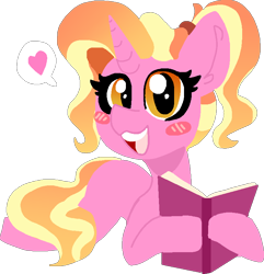 Size: 776x805 | Tagged: safe, artist:nootaz, luster dawn, pony, unicorn, g4, blushing, book, female, heart, simple background, smiling, solo, transparent background