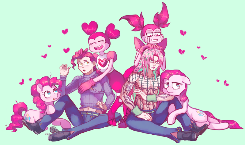 35313 - safe, artist:terry, pinkie pie, oc, human, crossover, elements of  harmony, jojo's bizarre adventure, laughing, parody, stand - Derpibooru