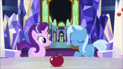 Size: 1920x1080 | Tagged: safe, screencap, starlight glimmer, trixie, all bottled up, g4, animated, apple, duo, female, food, sound, webm