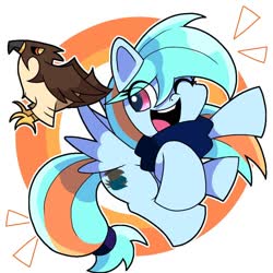Size: 768x768 | Tagged: safe, artist:erufi, oc, oc only, oc:hermanus, bird, hawk, pegasus, pony, g4.5, my little pony: pony life, abstract background, clothes, female, flying, mare, one eye closed, open mouth, scarf, solo, spread wings, tail band, wings, wink