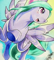 Size: 1850x2048 | Tagged: safe, artist:025aki, flitter, pegasus, pony, g4, female, flying, mare, signature, smiling, solo, spread wings, traditional art, underhoof, wings