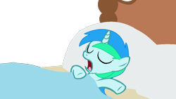 Size: 1024x577 | Tagged: safe, artist:ponyrailartist, oc, oc only, oc:cyan lightning, pony, unicorn, bed, colt, eyes closed, male, open mouth, show accurate, simple background, sleeping, transparent background