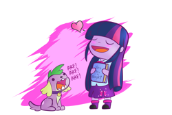Size: 2300x1550 | Tagged: safe, artist:wonder-waffle, spike, twilight sparkle, dog, equestria girls, g4, barking, blushing, book, chibi, cute, duo, egghead, eyes closed, female, heart, male, nerd, open mouth, simple background, spike the dog, that girl sure does love books, that pony sure does love books, white background