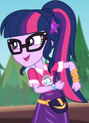 Size: 586x810 | Tagged: safe, screencap, sci-twi, twilight sparkle, equestria girls, equestria girls specials, g4, my little pony equestria girls: better together, my little pony equestria girls: sunset's backstage pass, clothes, collar, cropped, cute, female, forest, forest background, geode of telekinesis, glasses, hairclip, lidded eyes, logo, magical geodes, music festival outfit, ponytail, pouch, shirt, short sleeves, skirt, smiling, solo, wrist wraps