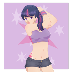 Size: 1000x1000 | Tagged: safe, artist:camellia, twilight sparkle, human, g4, clothes, cutie mark, cutie mark background, cutie mark on human, denim shorts, female, humanized, shorts, simple background, solo, sweatband, top, transparent background