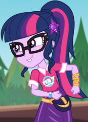 Size: 591x823 | Tagged: safe, screencap, sci-twi, twilight sparkle, equestria girls, equestria girls series, g4, sunset's backstage pass!, spoiler:eqg series (season 2), clothes, collar, cropped, female, forest, forest background, geode of telekinesis, glasses, hairclip, lidded eyes, magical geodes, music festival outfit, ponytail, pouch, shirt, short sleeves, skirt, smiling, solo, wrist wraps