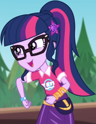 Size: 642x826 | Tagged: safe, screencap, sci-twi, twilight sparkle, equestria girls, equestria girls series, g4, sunset's backstage pass!, spoiler:eqg series (season 2), clothes, collar, cropped, cute, female, forest, forest background, geode of telekinesis, glasses, hairclip, lidded eyes, logo, magical geodes, music festival outfit, ponytail, pouch, shirt, short sleeves, skirt, smiling, solo