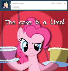 Size: 500x520 | Tagged: safe, artist:sircinnamon, pinkie pie, pony, g4, ask tickled pinkie, cake, female, food, portal (valve), solo, the cake is a lie