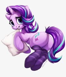 Size: 687x807 | Tagged: safe, artist:hattiezazu, starlight glimmer, pony, unicorn, g4, biting, butt, clothes, cute, female, glimmer glutes, glimmerbetes, grin, looking at you, mare, mouth hold, nervous, nervous smile, pillow, pillow biting, plot, simple background, smiling, smiling at you, socks, solo, striped socks, teeth, white background