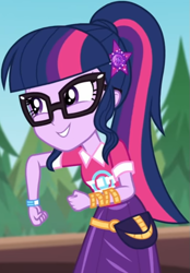 Size: 571x821 | Tagged: safe, screencap, sci-twi, twilight sparkle, equestria girls, equestria girls series, g4, sunset's backstage pass!, spoiler:eqg series (season 2), clothes, collar, cropped, cute, female, forest, forest background, geode of telekinesis, glasses, hairclip, lidded eyes, logo, magical geodes, music festival outfit, ponytail, pouch, shirt, short sleeves, skirt, smiling, solo, wrist wraps