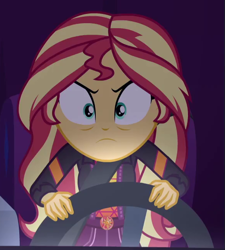 Size: 583x647 | Tagged: safe, screencap, sunset shimmer, equestria girls, equestria girls series, g4, sunset's backstage pass!, spoiler:eqg series (season 2), cropped, driving, female, rv, shrunken pupils, solo
