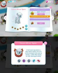 Size: 1280x1600 | Tagged: safe, gameloft, screencap, silver spoon, earth pony, pony, g4, the last problem, female, gem, introduction card, mare, older, older silver spoon, text