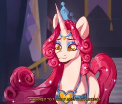 Size: 1280x1088 | Tagged: safe, artist:delzol, idw, princess amore, pony, unicorn, g4, crown, curly mane, female, horn, jewelry, mare, necklace, regalia, solo, stairs