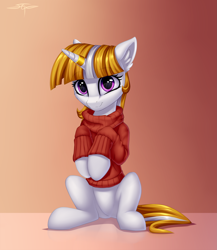 Size: 2601x3000 | Tagged: safe, artist:setharu, oc, oc only, pony, unicorn, clothes, cute, female, gradient background, high res, horn, horn ring, looking at you, mare, ocbetes, simple background, sitting, solo, sweater