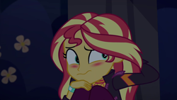 Size: 1920x1080 | Tagged: safe, screencap, sunset shimmer, equestria girls, equestria girls specials, g4, my little pony equestria girls: better together, my little pony equestria girls: sunset's backstage pass, blushing, female, solo