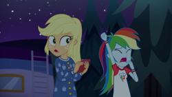 Size: 1920x1080 | Tagged: safe, screencap, applejack, rainbow dash, equestria girls, equestria girls specials, g4, my little pony equestria girls: better together, my little pony equestria girls: sunset's backstage pass, cellphone, clothes, female, hand on mouth, onesie, pajamas, phone, stretching, yawn