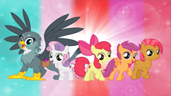 Size: 5360x3008 | Tagged: safe, artist:andoanimalia, apple bloom, babs seed, gabby, scootaloo, sweetie belle, earth pony, griffon, pegasus, pony, g4, cutie mark, cutie mark crusaders, female, filly, the cmc's cutie marks, wallpaper