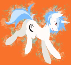 Size: 2048x1868 | Tagged: safe, artist:clair, oc, oc only, oc:clair, oc:clairvoyance, pony, unicorn, blackletter, heart eyes, jumping, lineless, open mouth, orange background, ribbon, simple background, solo, wingding eyes