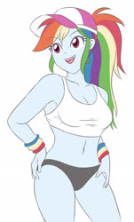 Size: 1329x2204 | Tagged: safe, artist:sumin6301, rainbow dash, equestria girls, g4, alternate hairstyle, armpits, belly button, breasts, busty rainbow dash, cap, clothes, female, hand on hip, hat, open mouth, sexy, simple background, solo, sports bra, sports panties, stupid sexy rainbow dash, white background, wristband