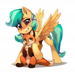 Size: 2384x2284 | Tagged: safe, artist:share dast, oc, oc only, oc:summer ray, fox, pegasus, pony, commission, commissioner:lucky ray, cute, freckles, high res, simple background, solo, spread wings, white background, wings