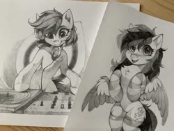 Size: 2048x1536 | Tagged: safe, artist:share dast, oc, oc only, oc:bead trail, oc:black ice, earth pony, pegasus, pony, chest fluff, clothes, headphones, monochrome, photo, socks, striped socks, tongue out, traditional art, turntable