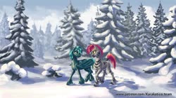 Size: 1280x719 | Tagged: safe, artist:kirillk, oc, oc only, oc:guttatus, oc:zjin-wolfwalker, bat pony, pony, zebra, duo, forest, pine tree, snow, tail wrap, tree, unshorn fetlocks, walking, winter