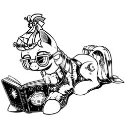 Size: 990x990 | Tagged: safe, artist:lexx2dot0, artist:maytee, moondancer, pony, unicorn, g4, black and white, book, clothes, female, glasses, grayscale, looking at something, lying down, mare, monochrome, prone, reading, simple background, smiling, solo, sweater, taped glasses, three quarter view, white background