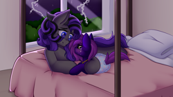 Size: 1920x1080 | Tagged: safe, artist:xcinnamon-twistx, oc, oc only, oc:aeris strider, pony, bed, black sclera, blanket, clothes, comforting, commission, crying, female, filly, foal, hug, night, overalls, parent, parenting, pillow, rain, thunderstorm
