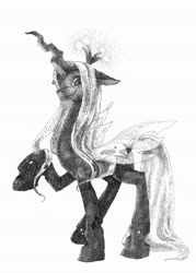 Size: 2500x3496 | Tagged: safe, artist:univertaz, queen chrysalis, changeling, changeling queen, g4, crown, female, high res, jewelry, monochrome, pointillism, regalia, solo, stylized