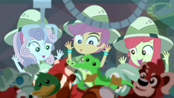 Size: 1920x1080 | Tagged: safe, screencap, apple bloom, gummy, scootaloo, sweetie belle, equestria girls, g4, my little pony equestria girls: summertime shorts, the canterlot movie club, adorabloom, against glass, claw machine, cute, cutealoo, cutie mark crusaders, diasweetes, female, glass, hat, pith helmet, plushie, trio, trio female