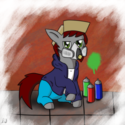 Size: 1240x1240 | Tagged: safe, artist:paw-of-darkness, oc, oc only, oc:khaki-cap, earth pony, pony, clothes, hat, hoodie, mask, respirator, sitting, solo, spray can