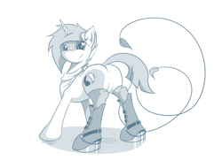 Size: 1024x779 | Tagged: safe, artist:univertaz, oc, oc only, oc:casey, pony, boots, butt, looking at you, monochrome, plot, shoes, solo