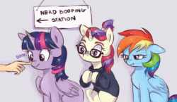 Size: 1176x684 | Tagged: safe, artist:buttersprinkle, moondancer, rainbow dash, twilight sparkle, alicorn, pegasus, pony, unicorn, g4, adorkable, animated, boop, chest fluff, clothes, cute, dancerbetes, dashabetes, dork, female, floppy ears, gif, glasses, hand, hooves together, mare, meganekko, nerd, offscreen character, offscreen human, rainbow dash is not amused, sitting, text, twiabetes, twilight sparkle (alicorn), unamused