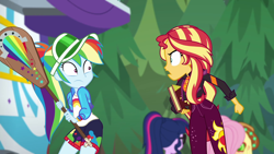 Size: 1920x1080 | Tagged: safe, screencap, applejack, fluttershy, rainbow dash, sci-twi, sunset shimmer, twilight sparkle, equestria girls, equestria girls specials, g4, my little pony equestria girls: better together, my little pony equestria girls: sunset's backstage pass, angry, female, music festival outfit, shrunken pupils