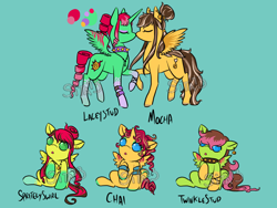 Size: 1600x1200 | Tagged: safe, artist:lavvythejackalope, oc, oc only, oc:chai, oc:mocha sweet, alicorn, pegasus, pony, :o, alicorn oc, baby, baby pony, collar, colored hooves, ear piercing, earring, eyes closed, hair bun, horn, jewelry, necklace, open mouth, pegasus oc, piercing, raised hoof, reference sheet, sitting, spiked collar, underhoof, wings, wristband