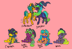 Size: 1900x1300 | Tagged: safe, artist:lavvythejackalope, oc, oc only, oc:berry brew, oc:bubble berry, oc:charmer, oc:fumble breeze, oc:sherbert brew, oc:whodo, earth pony, pony, unicorn, :o, baby, baby pony, clothes, earth pony oc, hair over one eye, hat, horn, open mouth, raised hoof, reference sheet, scarf, simple background, sitting, unicorn oc, witch hat