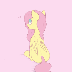 Size: 3000x3000 | Tagged: safe, artist:rainyvisualz, fluttershy, pegasus, pony, g4, female, high res, missing cutie mark, no pupils, pink background, simple background, sitting, solo