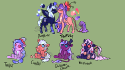 Size: 2300x1300 | Tagged: safe, artist:lavvythejackalope, oc, oc only, oc:class act, oc:gentleman caller, oc:posh plush, oc:teapot, oc:tiger lily, oc:wildflower, pony, unicorn, :o, baby, baby pony, blush sticker, blushing, bow, colored hooves, cuffs (clothes), eyes closed, flower, flower in hair, hat, horn, leonine tail, open mouth, raised hoof, reference sheet, simple background, sitting, tail bow, tattoo, top hat, underhoof, unicorn oc
