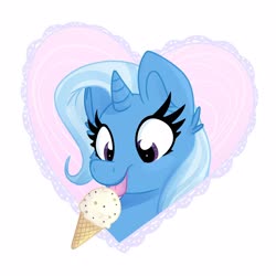 Size: 2500x2500 | Tagged: safe, artist:lbrcloud, trixie, pony, unicorn, g4, bust, cheek fluff, cute, diatrixes, ear fluff, female, food, heart, high res, ice cream, licking, mare, portrait, smiling, solo, tongue out