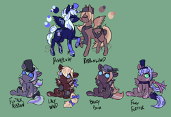 Size: 1900x1300 | Tagged: safe, artist:lavvythejackalope, oc, oc only, oc:fancy feather, oc:lacy wind, oc:posh plush, oc:ribbon wind, pegasus, pony, :o, baby, baby pony, bow, clothes, hair bow, hat, open mouth, pegasus oc, raised hoof, reference sheet, scarf, simple background, sitting, tail bow, tattoo, top hat, underhoof, wings