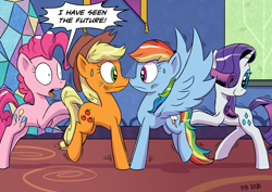 Size: 2047x1447 | Tagged: safe, artist:pony-berserker, applejack, pinkie pie, rainbow dash, rarity, earth pony, pegasus, pony, unicorn, g4, boop, butt touch, female, forced shipping, i can't believe it's not idw, implied shipping, lesbian, looking at each other, nose to nose, noseboop, now kiss, pushing, reaction, ship:appledash, shipper on deck, shipping, speech bubble