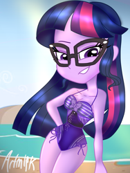 Size: 1536x2048 | Tagged: safe, artist:artmlpk, sci-twi, twilight sparkle, equestria girls, g4, adorkable, alternate design, alternate hairstyle, beach, bedroom eyes, bow, clothes, cute, design, dork, eyeshadow, female, legs together, looking at you, makeup, one-piece swimsuit, smiling, smiling at you, smirk, solo, swimsuit, twiabetes