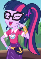 Size: 558x787 | Tagged: safe, screencap, sci-twi, twilight sparkle, equestria girls, equestria girls series, g4, sunset's backstage pass!, spoiler:eqg series (season 2), clothes, collar, cropped, cute, eyes closed, female, forest, forest background, geode of telekinesis, glasses, hairclip, hand on hip, laughing, logo, magical geodes, music festival outfit, ponytail, pouch, shirt, short sleeves, skirt, smiling, solo, twiabetes, wrist wraps