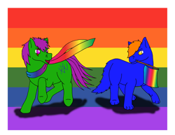 Size: 2250x1739 | Tagged: safe, artist:chili19, oc, oc only, earth pony, pony, wolf, clothes, duo, earth pony oc, eye scar, flag, gay, gay pride flag, male, mouth hold, pride, pride flag, raised hoof, scar, scarf, stallion