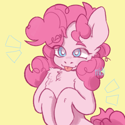 Size: 1280x1280 | Tagged: safe, artist:midioker, pinkie pie, earth pony, pony, g4, :p, chest fluff, cute, diapinkes, eye clipping through hair, female, mare, simple background, solo, tongue out, yellow background