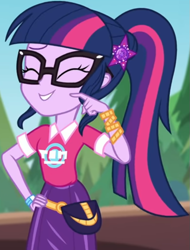 Size: 593x780 | Tagged: safe, screencap, sci-twi, twilight sparkle, equestria girls, equestria girls series, g4, sunset's backstage pass!, spoiler:eqg series (season 2), clothes, collar, cropped, cute, eyes closed, female, forest, forest background, geode of telekinesis, glasses, hairclip, logo, magical geodes, music festival outfit, ponytail, pouch, shirt, short sleeves, skirt, smiling, solo, twiabetes, wrist wraps