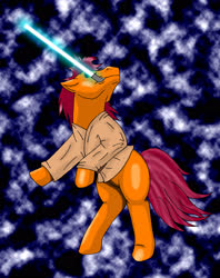 Size: 2211x2796 | Tagged: safe, artist:chili19, oc, oc only, oc:orange sky, earth pony, pony, abstract background, clothes, crossover, earth pony oc, high res, lightsaber, male, mouth hold, rearing, solo, stallion, star wars, weapon