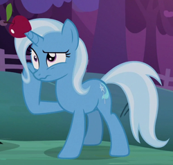 Size: 558x531 | Tagged: safe, screencap, trixie, pony, g4, uncommon bond, apple, cropped, dizzy, female, food, horn, horn guard, horn impalement, solo, wavy mouth