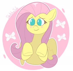 Size: 2048x2005 | Tagged: safe, artist:sketchyside, fluttershy, butterfly, pegasus, pony, g4, abstract background, blush sticker, blushing, bust, circle background, cute, female, high res, mare, no pupils, shyabetes, smiling, solo